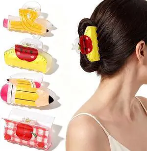 4 Pcs Back to School Hair Claw Clips Accessories Teacher Gifts for Women | Pencil Cute Barrettes Hair Accessories First Day Of School Supplies Students Styling Classroom Wear Outfit, Plastic 3.2-3.3In 4 Pcs Back to School Hair Claw Clips Accessories Teacher Gifts for Women | Pencil Cute Barrettes Hair Accessories First Day Of School Supplies Students Styling Classroom Wear Outfit, Plastic 3.2-3.3In