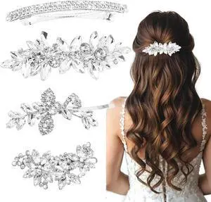 4 Pcs Rhinestone Hair Clips for Women Hair Barrettes Silver Bridal hair accessories for Wedding Party Everyday 4 Pcs Rhinestone Hair Clips for Women Hair Barrettes Silver Bridal hair accessories for Wedding Party Everyday