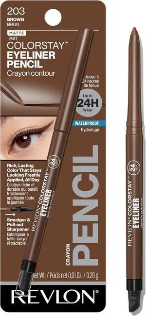 Revlon ColorStay Pencil Waterproof Eyeliner, 203 Brown, 0.01 oz | Waterproof pencil eyeliner with built-in sharpener. Smudge-proof, long-lasting, intense matte color. Revlon ColorStay Pencil Waterproof Eyeliner, 203 Brown, 0.01 oz | Waterproof pencil eyeliner with built-in sharpener. Smudge-proof, long-lasting, intense matte color.