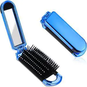Travel Folding Hair Brush, Small Foldable Hairbrush Compact Hair Brush with Mirror and Round Tip Nylon Bristles for Women and Men, Portable Pocket Size Comb for Car Gym Bag Purse (Electroplating Blue) Travel Folding Hair Brush, Small Foldable Hairbrush Compact Hair Brush with Mirror and Round Tip Nylon Bristles for Women and Men, Portable Pocket Size Comb for Car Gym Bag Purse (Electroplating Blue)