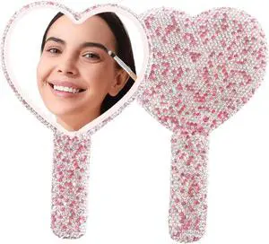 Large Rhinestone Handheld Mirror Heart Bling Glitter Cosmetic Dazzling Portable Hand Mirrors with Handle for Women Wedding Silver White (Pink) Large Rhinestone Handheld Mirror Heart Bling Glitter Cosmetic Dazzling Portable Hand Mirrors with Handle for Women Wedding Silver White (Pink)