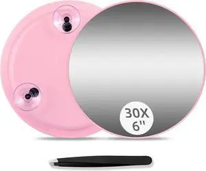 Round 30X Magnifying Mirror, 6inch Magnified Mirror with 3 Suction Cups | Easy Mounting, Compact 30X Travel Magnification Mirror and Tweezers Set for Detailed Makeup,Shaving,Blackhead Blemish Removal Round 30X Magnifying Mirror, 6inch Magnified Mirror with 3 Suction Cups | Easy Mounting, Compact 30X Travel Magnification Mirror and Tweezers Set for Detailed Makeup,Shaving,Blackhead Blemish Removal