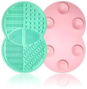 2 Pcs Makeup Brush Cleaning Mat, Silicone Makeup Brush Cleaner with Back Suction Cups(Green and Pink) 2 Pcs Makeup Brush Cleaning Mat, Silicone Makeup Brush Cleaner with Back Suction Cups(Green and Pink)