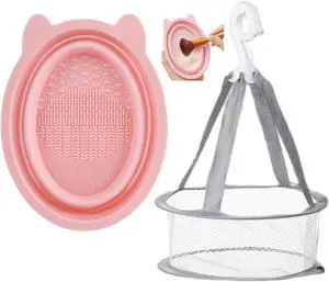 Silicone Makeup Brush Cleaner Mat, Pink, Foldable Portable Bowl, Beauty Blender Scrubber Pad, Cosmetic Brush Washing Tool with Cat Ear Design (Pink Mat and drying net) Silicone Makeup Brush Cleaner Mat, Pink, Foldable Portable Bowl, Beauty Blender Scrubber Pad, Cosmetic Brush Washing Tool with Cat Ear Design (Pink Mat and drying net)
