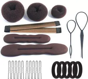 Hair Accessories Set - Foam Sponge Bun Shapers, Magic French Twist Clip, Snap Bun Makers, Elastic Bands, and Hair Pins (Brown) Hair Accessories Set - Foam Sponge Bun Shapers, Magic French Twist Clip, Snap Bun Makers, Elastic Bands, and Hair Pins (Brown)