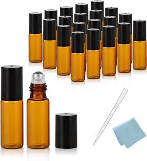 ELFENSTALL- 20PCS 5ml Amber Glass Roller Bottles Roll On Bottle Container with Metal Ball for Essential Oil Aromatherapy Perfumes and Lip Balms - 3ML Dropper Included ELFENSTALL- 20PCS 5ml Amber Glass Roller Bottles Roll On Bottle Container with Metal Ball for Essential Oil Aromatherapy Perfumes and Lip Balms - 3ML Dropper Included