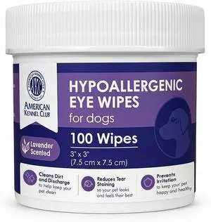 AKC Eye Wipes for Dogs & Cats, Lavender Scent, 100 Count | Hypoallergenic grooming wipes help clean tear stains and eye discharge from dogs and cats. AKC Eye Wipes for Dogs & Cats, Lavender Scent, 100 Count | Hypoallergenic grooming wipes help clean tear stains and eye discharge from dogs and cats.
