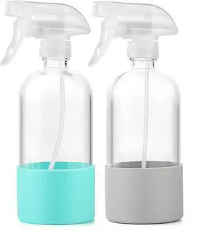 Glass Spray Bottles (2-Pack) with Silicone Sleeve - 16oz Empty Refillable Bottles - Adjustable Nozzle for Hair, Plants, Cleaning & DIY Solutions - Mint Green & Grey Glass Spray Bottles (2-Pack) with Silicone Sleeve - 16oz Empty Refillable Bottles - Adjustable Nozzle for Hair, Plants, Cleaning & DIY Solutions - Mint Green & Grey