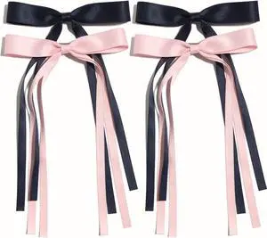 4pcs Tassel Ribbon Bowknot Hair Accessories with Long Tails, Solid Barrettes Claw Clips with Bows for Girls and Women (Navy Pink) 4pcs Tassel Ribbon Bowknot Hair Accessories with Long Tails, Solid Barrettes Claw Clips with Bows for Girls and Women (Navy Pink)