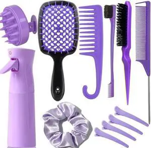 12 Pcs Hair Brush Set with Continuous Hair Spray Bottle for Women, Rat Tail Combs for Toddlers, Soft Scalp Massager, Detangling Hairbrush for Wet Dry Curly Hair (purple) 12 Pcs Hair Brush Set with Continuous Hair Spray Bottle for Women, Rat Tail Combs for Toddlers, Soft Scalp Massager, Detangling Hairbrush for Wet Dry Curly Hair (purple)