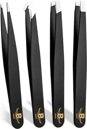 Professional Tweezers Set for Women & Men, 4-Piece Stainless Steel Precision Eyebrow Tweezers Kit with Slant, Pointed, Flat & Angled Tips, Facial Hair Remover for Eyebrows, Ingrown Hair (Black 4 PCS) Professional Tweezers Set for Women & Men, 4-Piece Stainless Steel Precision Eyebrow Tweezers Kit with Slant, Pointed, Flat & Angled Tips, Facial Hair Remover for Eyebrows, Ingrown Hair (Black 4 PCS)