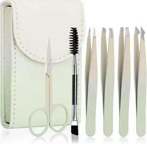 6 PCS Tweezers Set for Women, Eyebrow Tweezers Set with Curved Scissor for Ingrown Hair, Plucking Daily Beauty Tool with Leather Travel Case for Gifts (Gradient Green) 6 PCS Tweezers Set for Women, Eyebrow Tweezers Set with Curved Scissor for Ingrown Hair, Plucking Daily Beauty Tool with Leather Travel Case for Gifts (Gradient Green)