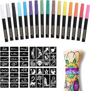Temporary Tattoo Markers for Skin, 16-Count Body Markers+77 Large Tattoo Stencils of Assorted Colors for kids and Adults, Flexible Brush Tip, Bright colors, Skin-Safe*, Cosmetic-Grade. Temporary Tattoo Markers for Skin, 16-Count Body Markers+77 Large Tattoo Stencils of Assorted Colors for kids and Adults, Flexible Brush Tip, Bright colors, Skin-Safe*, Cosmetic-Grade.