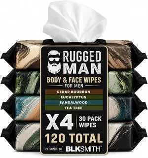 BLKSMITH Rugged Man Body & Face Wipes for Men - 30x4 Pack of Mens Face Wipes - Body Wipes for Men Ideal for after Work, Gym or Travel (Cedar Bourbon | Eucalyptus | Sandal Wood | Tea Tree, 120 Wipes) BLKSMITH Rugged Man Body & Face Wipes for Men - 30x4 Pack of Mens Face Wipes - Body Wipes for Men Ideal for after Work, Gym or Travel (Cedar Bourbon | Eucalyptus | Sandal Wood | Tea Tree, 120 Wipes)
