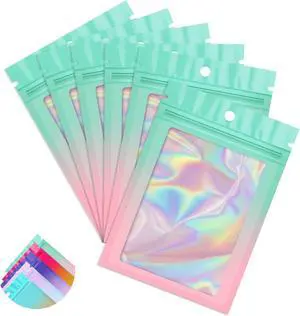 Funfery 100 Pack Gradient Holographic Bags,Mylar Resealable Bags with Zipper,Clear Window Packaging Pouchs,Smell Proof Foil Bag for Food Storage,Sample Jewelry Bag(2.7x3.9In,Green Pink) Funfery 100 Pack Gradient Holographic Bags,Mylar Resealable Bags with Zipper,Clear Window Packaging Pouchs,Smell Proof Foil Bag for Food Storage,Sample Jewelry Bag(2.7x3.9In,Green Pink)