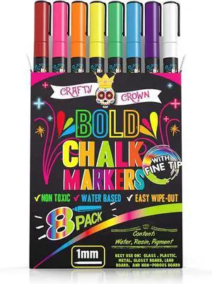 CHALKY CROWN Fine Liquid Chalk Markers - Bold Chalkboard Markers - 8 Pk,1mm CHALKY CROWN Fine Liquid Chalk Markers - Bold Chalkboard Markers - 8 Pk,1mm