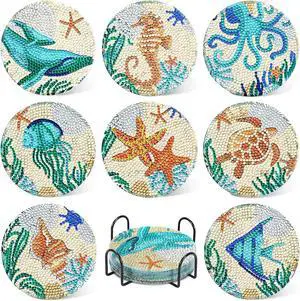 UPINS Ocean Diamond Art Painting Coaster Kit, 8Pcs DIY Crafts Kit with Holder, Non Slip Coaster Art Supplies for Adults, Ideal Christmas Gift UPINS Ocean Diamond Art Painting Coaster Kit, 8Pcs DIY Crafts Kit with Holder, Non Slip Coaster Art Supplies for Adults, Ideal Christmas Gift