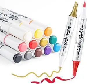 TRANSON 12 Colors Chisel and Brush Dual-tip Acrylic Paint Marker Pen Set for Canvas Rock Wood Leather Ceramic DIY Painting TRANSON 12 Colors Chisel and Brush Dual-tip Acrylic Paint Marker Pen Set for Canvas Rock Wood Leather Ceramic DIY Painting
