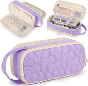 Quilted Pencil Case Bag Large,2 Compartment Pen Pouch with Handle for Girls Quilted Pencil Case Bag Large,2 Compartment Pen Pouch with Handle for Girls