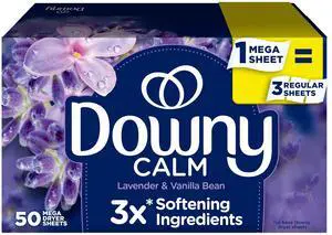 Downy 50Count Mega Fabric Softener Dryer Sheets, Calming Lavender Vanilla Bean Fragrance, Reduces Static for Household Laundry Downy 50Count Mega Fabric Softener Dryer Sheets, Calming Lavender Vanilla Bean Fragrance, Reduces Static for Household Laundry