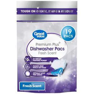 Great Value 19Count Premium Plus Dishwasher Detergent Pods, Fresh Fragrance, Breaks Down Grease, Stains and Food Residue for Automatic Dishwashers Great Value 19Count Premium Plus Dishwasher Detergent Pods, Fresh Fragrance, Breaks Down Grease, Stains and Food Residue for Automatic Dishwashers