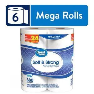 Great Value 6Count MegaRoll Soft & Strong Toilet Paper, 2Ply Unscented Embossed White Tissue, 2280 Total Sheets for Household Use Great Value 6Count MegaRoll Soft & Strong Toilet Paper, 2Ply Unscented Embossed White Tissue, 2280 Total Sheets for Household Use