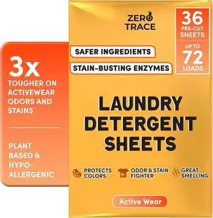 Zero Trace EcoFriendly AllNatural Laundry Detergent Sheets, 36 Sheets / 72 Loads, PROTECH Formula for ActiveWear & Travel Use Zero Trace EcoFriendly AllNatural Laundry Detergent Sheets, 36 Sheets / 72 Loads, PROTECH Formula for ActiveWear & Travel Use