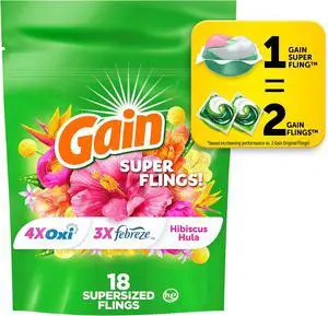 Gain Super Flings Laundry Detergent Pacs, Hibiscus Hula Scent, 18Count, 4X Oxi Cleaning Power, Works for All Washers Gain Super Flings Laundry Detergent Pacs, Hibiscus Hula Scent, 18Count, 4X Oxi Cleaning Power, Works for All Washers