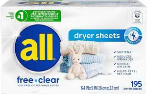 all free clear SensitiveSkin Fabric Softener Dryer Sheets, FragranceFree & DyeFree, 195Count, Reduces Static, Wrinkles and Repels Pet Hair all free clear SensitiveSkin Fabric Softener Dryer Sheets, FragranceFree & DyeFree, 195Count, Reduces Static, Wrinkles and Repels Pet Hair