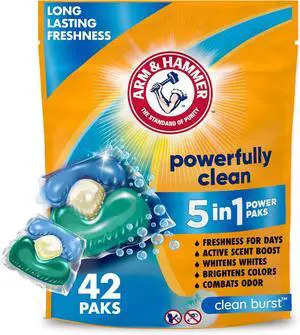 ARM & HAMMER Clean Burst 5in1 Laundry Detergent Power Paks, 42Count, LongLasting Scent, HECompatible PreMeasured Pods ARM & HAMMER Clean Burst 5in1 Laundry Detergent Power Paks, 42Count, LongLasting Scent, HECompatible PreMeasured Pods