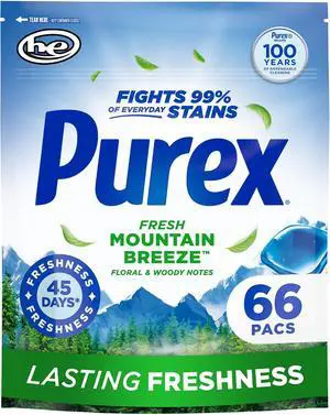 Purex Fresh Mountain Breeze Laundry Detergent Pacs, 66Count, 4in1 Cleaning, 45Day LongLasting Freshness, HECompatible Purex Fresh Mountain Breeze Laundry Detergent Pacs, 66Count, 4in1 Cleaning, 45Day LongLasting Freshness, HECompatible