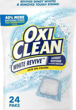 OxiClean White Revive Laundry Whitener & Stain Remover Power Paks, 24Count, OxygenBased Bleach Alternative, ColorSafe HECompatible Booster OxiClean White Revive Laundry Whitener & Stain Remover Power Paks, 24Count, OxygenBased Bleach Alternative, ColorSafe HECompatible Booster