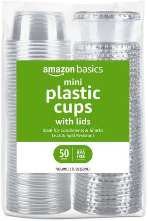 Amazon Basics Disposable Plastic To-Go Cups and Lids, Mini, 2oz, 50 Count, BPA Free, for Condiment, Salad Dressing, Sauces, Jello Shots Amazon Basics Disposable Plastic To-Go Cups and Lids, Mini, 2oz, 50 Count, BPA Free, for Condiment, Salad Dressing, Sauces, Jello Shots