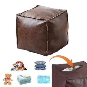 Storage Ottoman with Leather Stitched Cushion and Zipper, Stuffable Storage for Dolls, Blankets, Clothes, Pillows, Square Brown Storage Ottoman with Leather Stitched Cushion and Zipper, Stuffable Storage for Dolls, Blankets, Clothes, Pillows, Square Brown