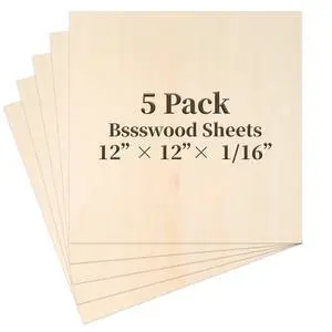 Balsa Wood, Plywood Sheet, Unfinished Basswood Blanks, 5Pcs, 12x12x1/16in Balsa Wood, Plywood Sheet, Unfinished Basswood Blanks, 5Pcs, 12x12x1/16in