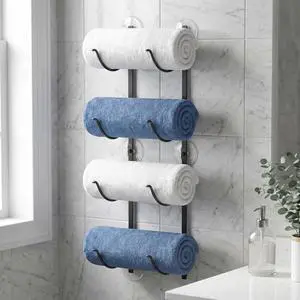 4-Tier Wall Mounted Bathroom Rolled Towel Rack, Adhesive & Drill Hanging Organizer for Towels, Blankets, Large Bath Sheets, Space Saving for RV and Apartment 4-Tier Wall Mounted Bathroom Rolled Towel Rack, Adhesive & Drill Hanging Organizer for Towels, Blankets, Large Bath Sheets, Space Saving for RV and Apartment