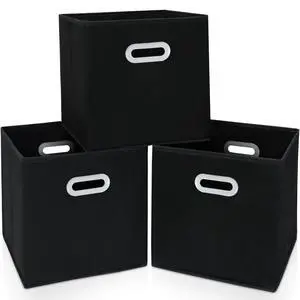 Fabric Storage Bins, Cube Organizer, Set of 3, Dual Handles, Foldable, Black Fabric Storage Bins, Cube Organizer, Set of 3, Dual Handles, Foldable, Black