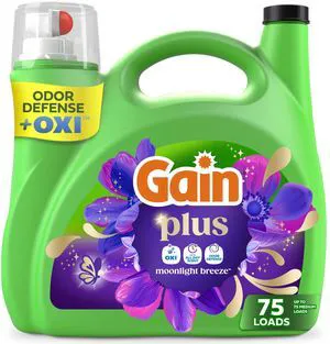 Gain Plus Liquid Laundry Detergent, Cleaner, Fresher, with Oxi, Moonlight Breeze Scent, 99 fl oz, 75 Loads Gain Plus Liquid Laundry Detergent, Cleaner, Fresher, with Oxi, Moonlight Breeze Scent, 99 fl oz, 75 Loads