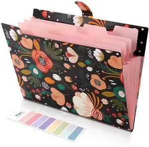 SKYDUE Expanding File Folder with 5 Pockets, Floral Accordion Organizer for Important Documents, Portable Receipt Paper Organizer, School Office Supplies, Black SKYDUE Expanding File Folder with 5 Pockets, Floral Accordion Organizer for Important Documents, Portable Receipt Paper Organizer, School Office Supplies, Black