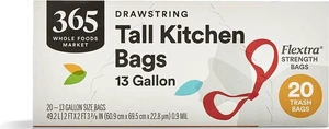 365 by Whole Foods Market Flextra Strength Drawstring Tall Kitchen Trash Bags, 13 Gallon, 20 Count 365 by Whole Foods Market Flextra Strength Drawstring Tall Kitchen Trash Bags, 13 Gallon, 20 Count