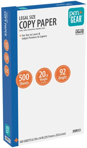 Pen+Gear Copy Paper, 8.5 x 14 Inches, 20 lb, 92 Bright, White, 1 Ream (500 Sheets) Pen+Gear Copy Paper, 8.5 x 14 Inches, 20 lb, 92 Bright, White, 1 Ream (500 Sheets)
