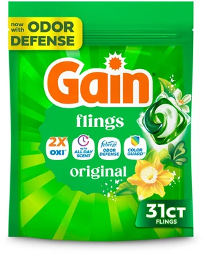 Gain Flings 4-in-1 Oxi Boost and Febreze Laundry Detergent Pacs, Original Scent, 31 Count Gain Flings 4-in-1 Oxi Boost and Febreze Laundry Detergent Pacs, Original Scent, 31 Count