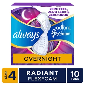 Always Radiant With FlexFoam Pads Overnight Wings Size 4 10 Count Always Radiant With FlexFoam Pads Overnight Wings Size 4 10 Count