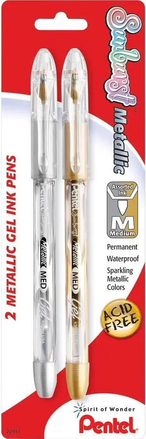 Pentel Sunburst Metallic Gel Pen, Medium Line, Permanent Gold and Silver Ink, 2 Pack (K908MBP2XZ) Pentel Sunburst Metallic Gel Pen, Medium Line, Permanent Gold and Silver Ink, 2 Pack (K908MBP2XZ)