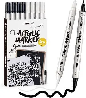TRANSON 4 Black and 4 White Paint Markers Bold and Fine Dual-tip Acrylic Paint Marker Set for Rock Painting Glass Canvas Wood Leather Ceramic Painting TRANSON 4 Black and 4 White Paint Markers Bold and Fine Dual-tip Acrylic Paint Marker Set for Rock Painting Glass Canvas Wood Leather Ceramic Painting