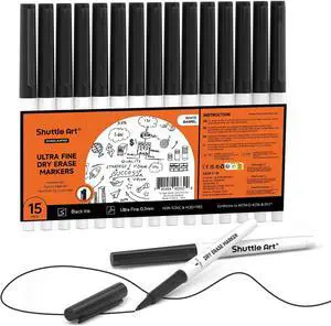Shuttle Art Ultra Fine Dry Erase Markers, 15 Pack Black Whiteboard Markers with Erase, Dry Erase Markers Perfect For Writing on Whiteboards, Dry-Erase Boards,Mirrors for School Office Home Shuttle Art Ultra Fine Dry Erase Markers, 15 Pack Black Whiteboard Markers with Erase, Dry Erase Markers Perfect For Writing on Whiteboards, Dry-Erase Boards,Mirrors for School Office Home