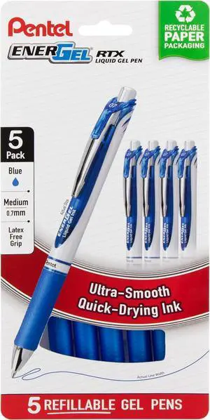 Pentel EnerGel RTX Retractable Liquid Gel Pen, (0.7mm) Metal Tip, Medium Line, Blue Ink, Plastic-Free Packaging, 5 Pack Pentel EnerGel RTX Retractable Liquid Gel Pen, (0.7mm) Metal Tip, Medium Line, Blue Ink, Plastic-Free Packaging, 5 Pack