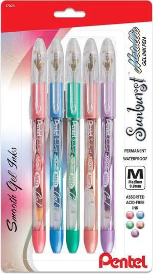 Pentel Sunburst Metallic Gel Pen, Medium Line, Permanent, Assorted Ink, 5 Pack (K908MBP5M1) Pentel Sunburst Metallic Gel Pen, Medium Line, Permanent, Assorted Ink, 5 Pack (K908MBP5M1)