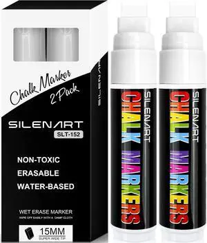 SILENART White Chalk Markers - 15mm Jumbo Tip Car Marker - Wide Thick Window Chalk Pen for Chalkboard, Window, Glass, Mirror, Blackboard SILENART White Chalk Markers - 15mm Jumbo Tip Car Marker - Wide Thick Window Chalk Pen for Chalkboard, Window, Glass, Mirror, Blackboard