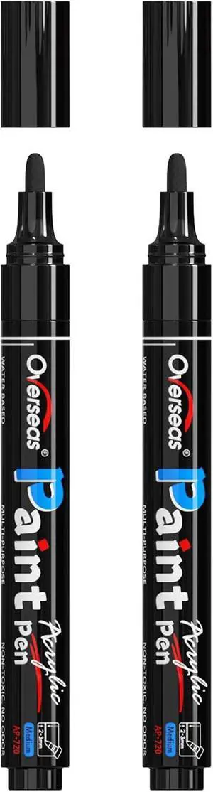 Overseas 2 Pack Black Acrylic Paint Pens Permanent Markers, Medium Tip | Waterproof, Quick Dry, Great Coverage, Water Based Acrylic Paint Markers for Wood, Canvas, Rock, Glass, Leather, Metal Overseas 2 Pack Black Acrylic Paint Pens Permanent Markers, Medium Tip | Waterproof, Quick Dry, Great Coverage, Water Based Acrylic Paint Markers for Wood, Canvas, Rock, Glass, Leather, Metal